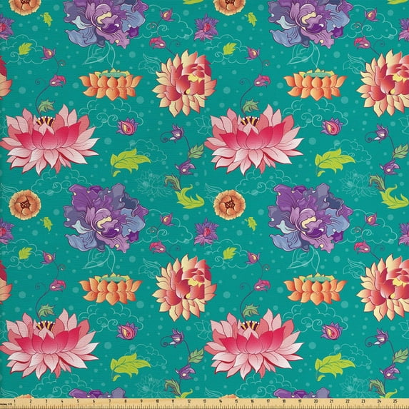 Ambesonne Floral Fabric by the Yard Upholstery, Oriental Garden Art Motifs, 10 Yards, Multicolor