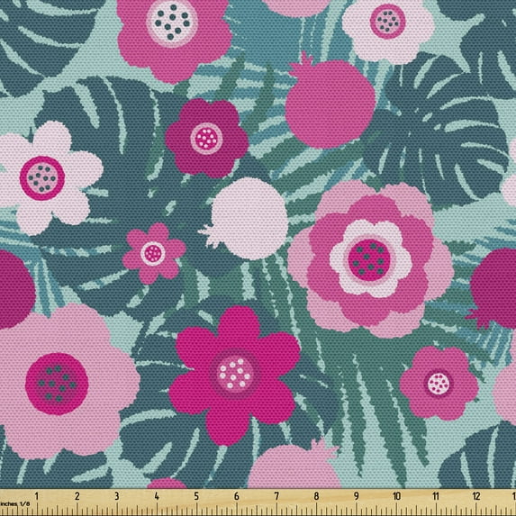 Floral Fabric by the Yard, Pattern of Monstera Leaf Pink Flowers Tropical Arrangement, Decorative Upholstery Fabric for Sofas and Home Accents, Pale Petrol Blue Teal by Ambesonne