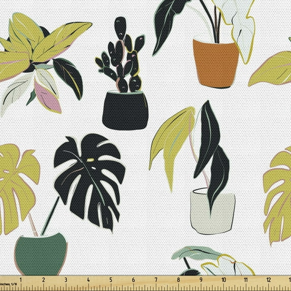 Floral Fabric by the Yard, Pattern of Repetitive Monstera Plants in Pots Meadow Graphic Garden Art, Decorative Upholstery Fabric for Sofas and Home Accents, Multicolor by Ambesonne