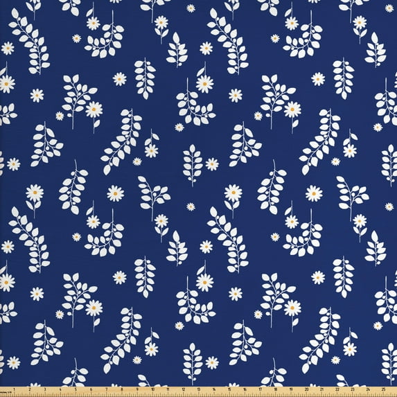 Ambesonne Floral Fabric by the Yard Upholstery, Simple Flowers Leaves, 3 Yards, Dark Sky Blue Marigold
