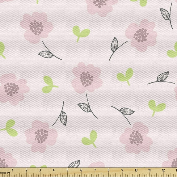 Floral Fabric by the Yard, Pink Blooming Flowers Art on Pastel Background, Decorative Upholstery Fabric for Sofas and Home Accents, Pale Pink Lime Green by Ambesonne