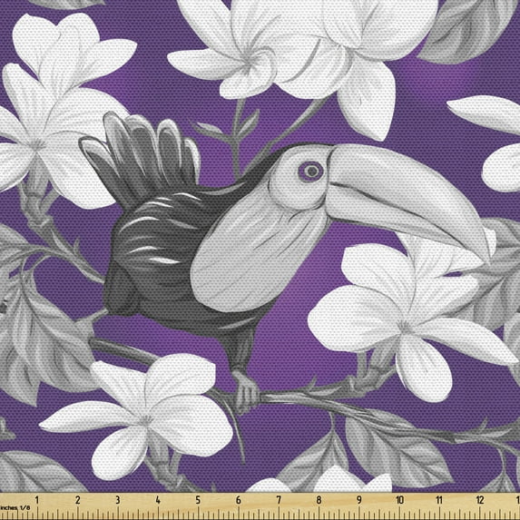 Ambesonne Floral Fabric by the Yard Upholstery, Plumerias and Toucan Birds, 2 Yards, Grey and White