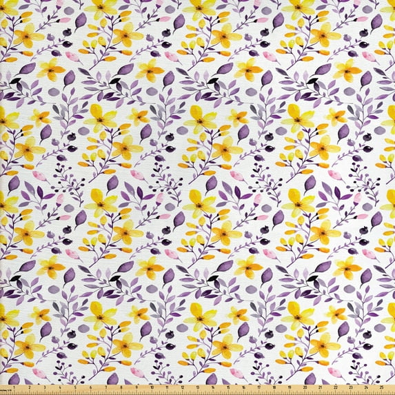 Floral Fabric by the Yard, Purple Leaves and Yellow Flowers Watercolor Foliage and Petals Summer Season, Decorative Upholstery Fabric for Chairs & Home Accents, Purple and Yellow by Ambesonne