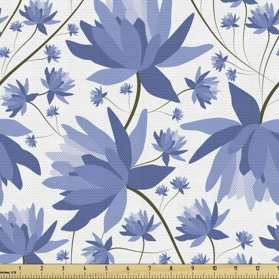 Ambesonne Floral Fabric by the Yard Upholstery, Japanese Lotus Flowers Image, 1 Yard, White and Ceil Blue