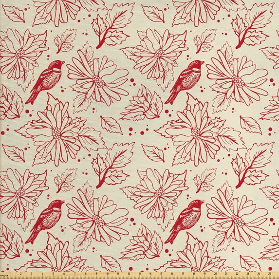 Ambesonne Floral Fabric by the Yard Upholstery, Vintage Style Flowers Art, 10 Yards, Eggshell and Vermilion