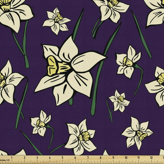 Ambesonne Floral Fabric by the Yard Upholstery, Cartoonish Design Daffodils, 3 Yards, Dark Purple Cream
