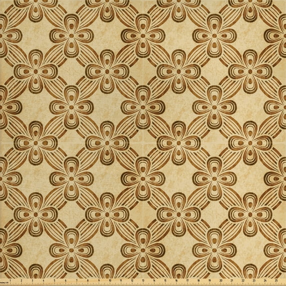 Floral Fabric by the Yard, Repeating Diamond Shaped Tiles Pattern with Abstract 4 Leaf Flowers Print, Upholstery Fabric for Dining Chairs Home Decor Accents, Caramel and Beige by Ambesonne
