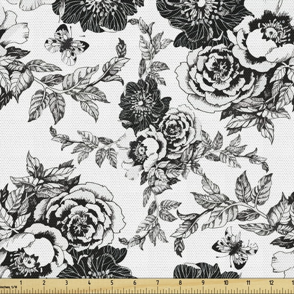 Ambesonne Floral Fabric by the Yard Upholstery, Repeating Plants and Petals, 1 Yard, Pale Taupe Charcoal Grey