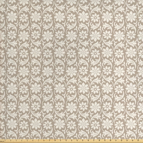 Ambesonne Floral Fabric by the Yard Upholstery, Swirls Flowers and Strokes, 10 Yards, Dark Eggshell Eggshell