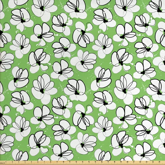Ambesonne Floral Fabric by the Yard Upholstery, Modern Grunge Summer Petals, 3 Yards, Shamrock Green Black