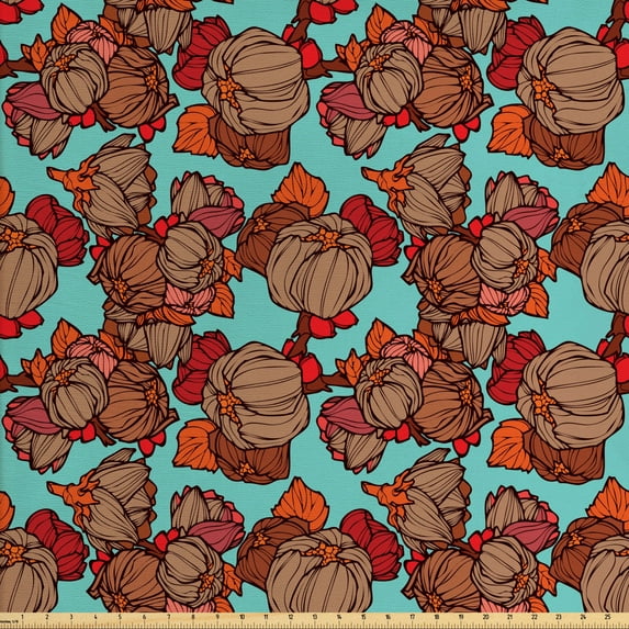 Floral Fabric by the Yard, Repetitive Botanical Pattern with Warm Colored Burgeoning Peonies, Decorative Upholstery Fabric for Sofas and Home Accents, Seafoam Vermilion by Ambesonne