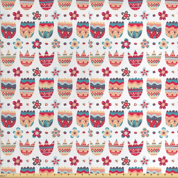 Floral Fabric by the Yard, Repetitive Folkloric Style Ornamental Doodle Tulips and Floret Flowers Image, Decorative Upholstery Fabric for Sofas and Home Accents, Multicolor by Ambesonne