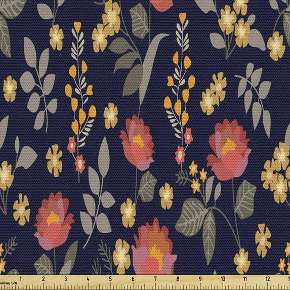 Ambesonne Floral Fabric by the Yard Upholstery, Forest Roses Autumn Leaves, 1 Yard, Indigo Coral Dark Tan