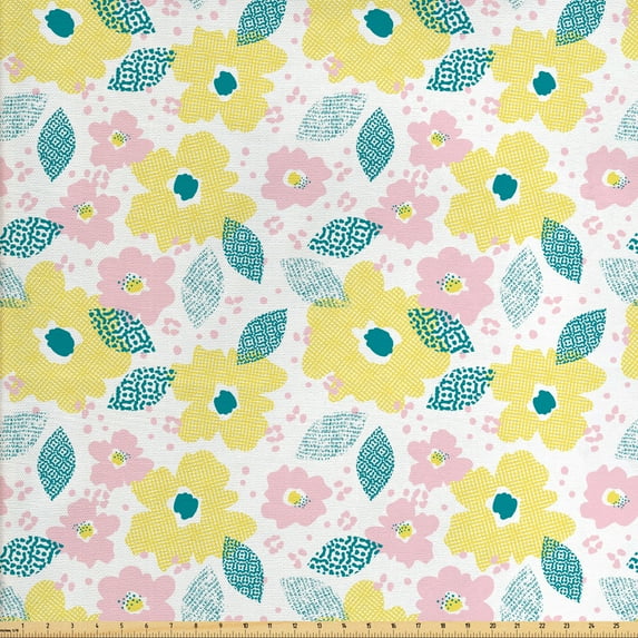 Floral Fabric by the Yard, Repetitive Pastel Spring Flowers and Leaves Arrangement Illustration, Decorative Upholstery Fabric for Sofas and Home Accents, Pastel Yellow Teal Rose by Ambesonne