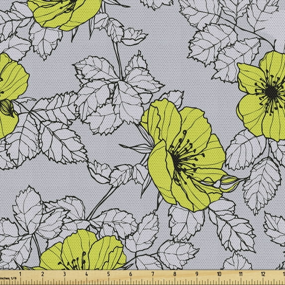 Floral Fabric by the Yard, Repetitive Pattern of Poppy Flowers and Greyscale Toned Leaves, Decorative Upholstery Fabric for Chairs & Home Accents, Pale Taupe and Yellow Green by Ambesonne