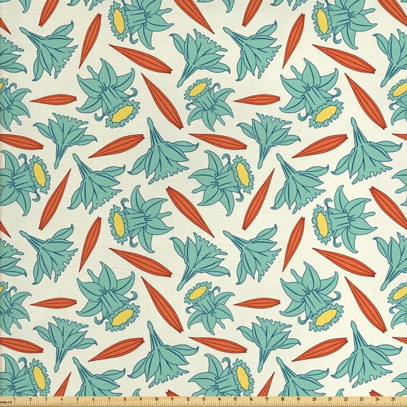 Floral Fabric by the Yard, Retro Simple Design of Flowers Pastel Calm Tones Illustration, Decorative Upholstery Fabric for Sofas and Home Accents, Seafoam Mustard by Ambesonne