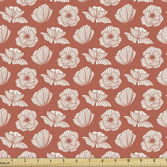Ambesonne Floral Fabric by the Yard Upholstery, Retro Design Poppy Flowers, 3 Yards, Dark Salmon White