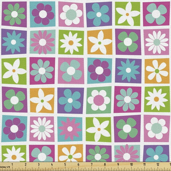 Ambesonne Floral Fabric by the Yard Upholstery, Flowers in Squares Motif, 3 Yards, Multicolor