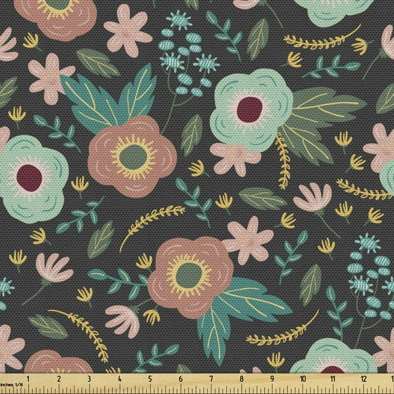 Floral Fabric by the Yard, Rhythmic Folkloric Flowers Nature Print on Dark Muted Background, Upholstery Fabric for Dining Chairs Home Decor Accents, Multicolor by Ambesonne