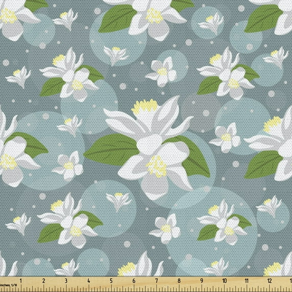 Floral Fabric by the Yard, Rhythmic Lemon Blossom Flower on Bokeh Circles Backdrop, Decorative Upholstery Fabric for Chairs & Home Accents, Blue Grey Yellow by Ambesonne