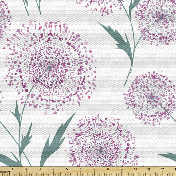 Ambesonne Floral Fabric by the Yard Upholstery, Ornamental Dandelion Flowers, 2 Yards, White Pale Purple and Seafoam