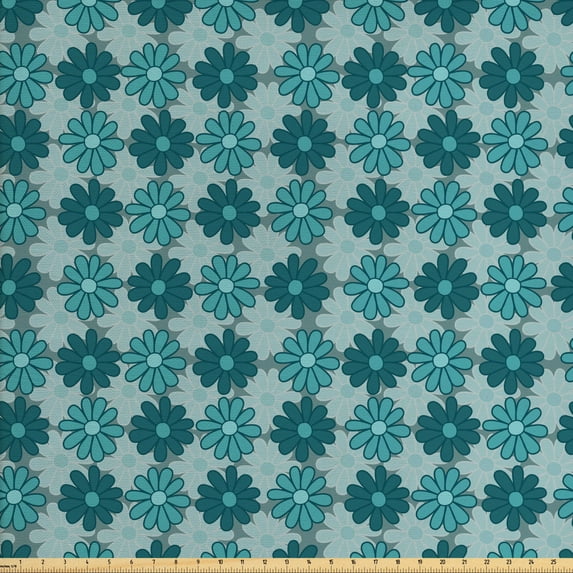 Floral Fabric by the Yard, Rhythmic Simple Flowers Dark Tones, Decorative Upholstery Fabric for Chairs & Home Accents, Cadet Blue Petrol Blue by Ambesonne