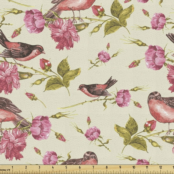 Floral Fabric by the Yard, Rhythmic Singing Birds Rose Flowers Leaves on Pastel Colored Backdrop, Upholstery Fabric for Dining Chairs Home Decor Accents, Cream Pink by Ambesonne