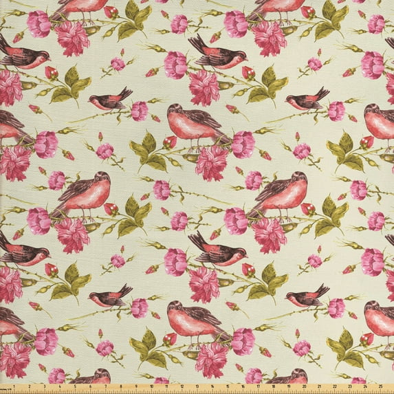 Floral Fabric by the Yard, Rhythmic Singing Birds Rose Flowers Leaves on Pastel Colored Backdrop, Upholstery Fabric for Dining Chairs Home Decor Accents, Cream Pink by Ambesonne
