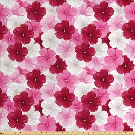 Ambesonne Floral Fabric by the Yard Upholstery, Blossom Common Mallow Flower, 10 Yards, Pink Raspberry White