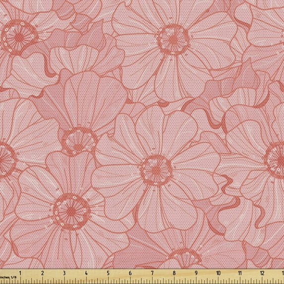 Ambesonne Floral Fabric by the Yard Upholstery, Vintage Thick Flowers Motif, 2 Yards, Pale Pink and Coral
