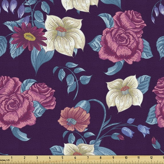 Ambesonne Floral Fabric by the Yard Upholstery, Wild Pointed Petal Flowers, 10 Yards, Plum and Multicolor