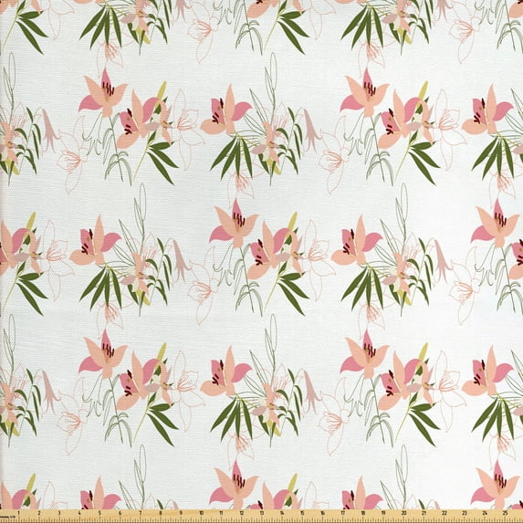 Ambesonne Floral Fabric by the Yard Upholstery, Romantic Bouquet of Lilies, 3 Yards, Olive Green Pale Pink