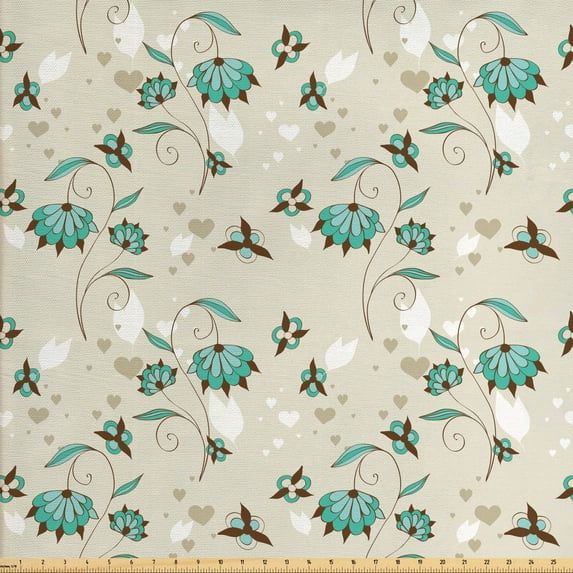 Ambesonne Floral Fabric by the Yard Upholstery, Romantic Little Hearts, 2 Yards, Turquoise Brown Beige