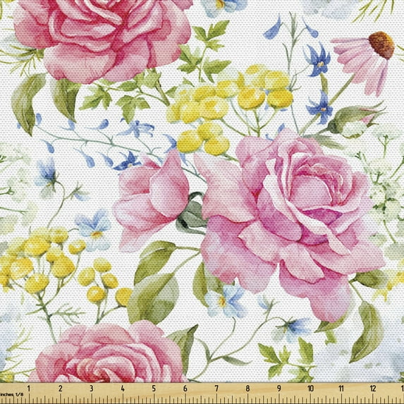 Floral Fabric by the Yard, Romantic Pattern of Rose Flower Meadow Bouquet Watercolor on Plain Background, Decorative Upholstery Fabric for Sofas and Home Accents, White Multicolor by Ambesonne