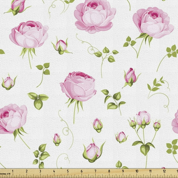 Floral Fabric by the Yard, Romantic Roses and Leafy Branches Blooming Vintage, Decorative Upholstery Fabric for Chairs & Home Accents, Pink Olive Green by Ambesonne
