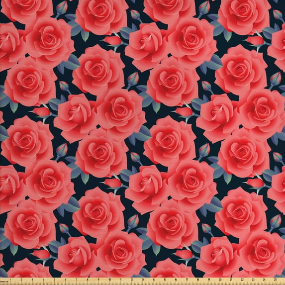 Ambesonne Floral Fabric by the Yard Upholstery, Romantic Blossoms Buds, 3 Yards, Dark Coral Dark Blue