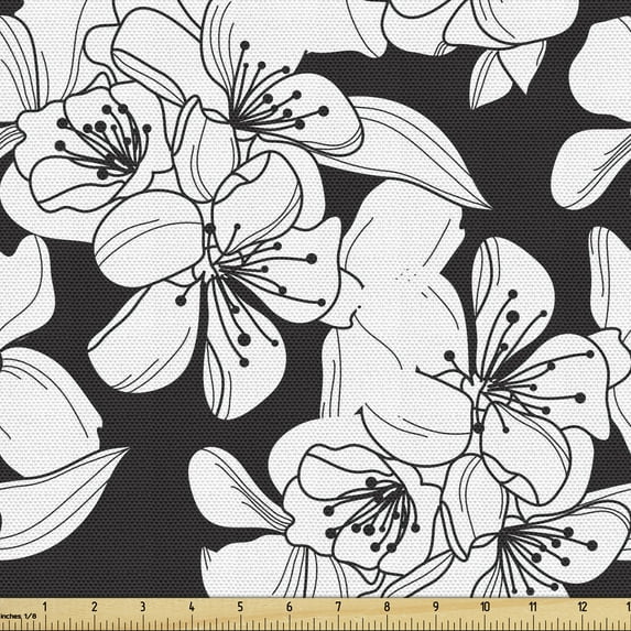 Ambesonne Floral Fabric by the Yard Upholstery, Vintage Style Cherry Flowers, 5 Yards, Charcoal Grey and White