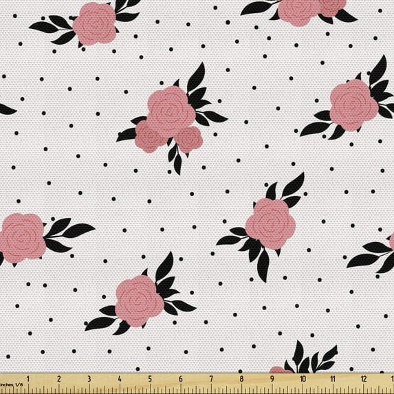 Ambesonne Floral Fabric by the Yard Upholstery, Vintage Roses and Leaves, 5 Yards, Coral Pale Pink