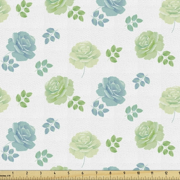 Floral Fabric by the Yard, Rose Flowers and Leaves in Pastel Natural Tones, Upholstery Fabric for Dining Chairs Home Decor Accents, Green Slate Blue by Ambesonne