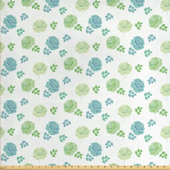 Ambesonne Floral Fabric by the Yard Upholstery, Art Rose Flowers and Leaves, 5 Yards, Green Slate Blue