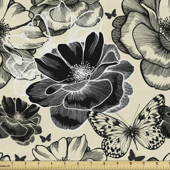 Ambesonne Floral Fabric by the Yard Upholstery, Retro Roses Garden Motif, 3 Yards, Cream Charcoal Grey