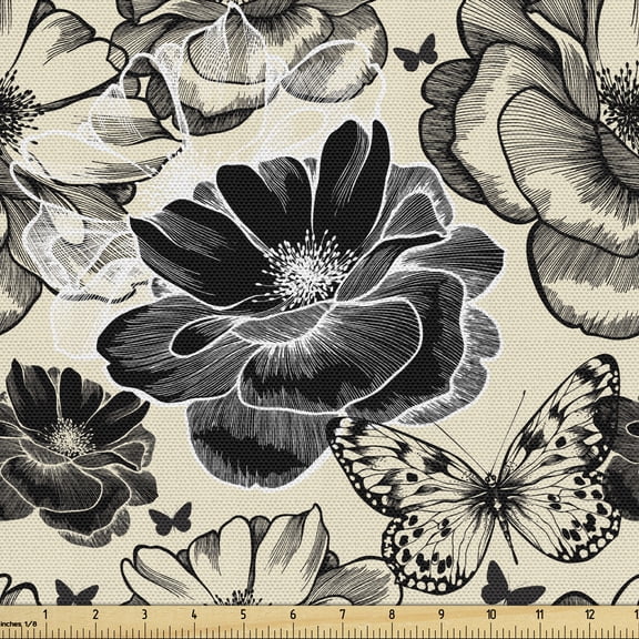 Ambesonne Floral Fabric by the Yard Upholstery, Retro Roses Garden Motif, 3 Yards, Cream Charcoal Grey