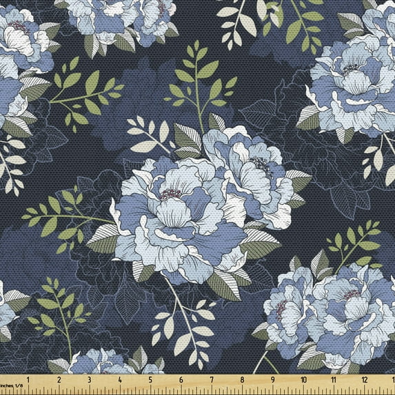 Ambesonne Floral Fabric by the Yard Upholstery, Classic Peony Petal, 1 Yard, Pistachio Green Blue