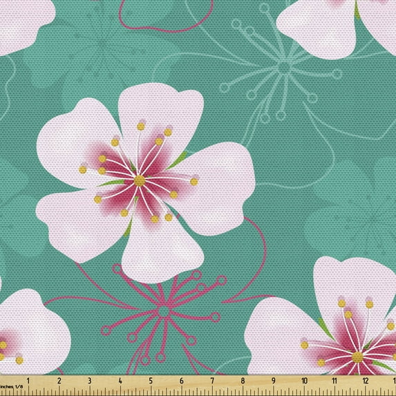 Ambesonne Floral Fabric by the Yard Upholstery, Simple Garden Flower Motifs, 5 Yards, Pale Pink Turquoise