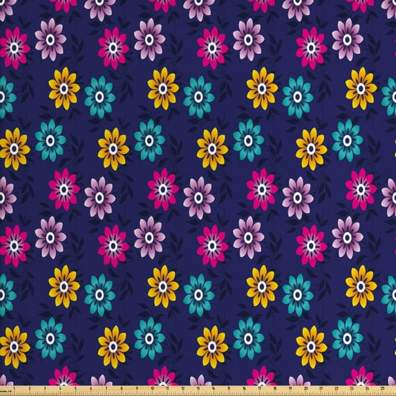 Ambesonne Floral Fabric by the Yard Upholstery, Colorful Flowers Love, 2 Yards, Indigo and Multicolor