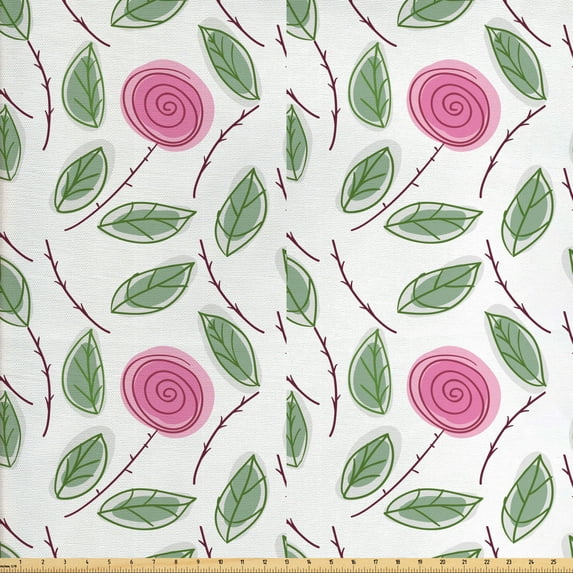 Ambesonne Floral Fabric by the Yard Upholstery, Spiraling Roses with Leaves, 3 Yards, Reseda Green Pink White
