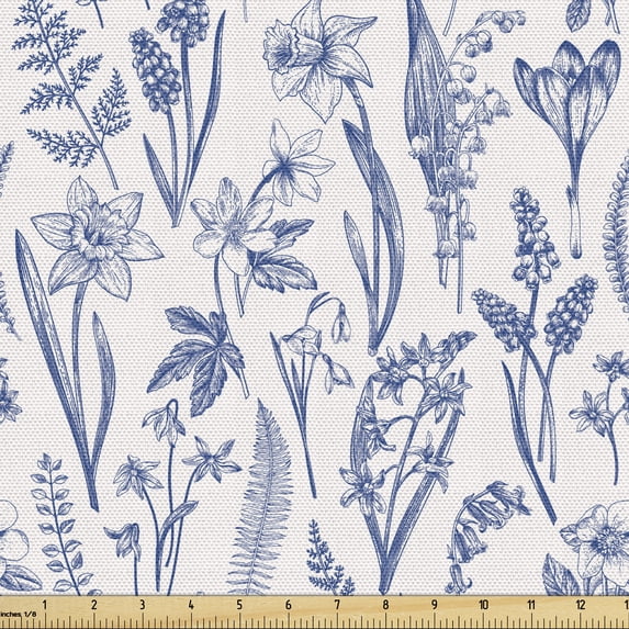 Ambesonne Floral Fabric by the Yard Upholstery, Vintage Flowers and Herbs, 2 Yards, Royal Blue Off White