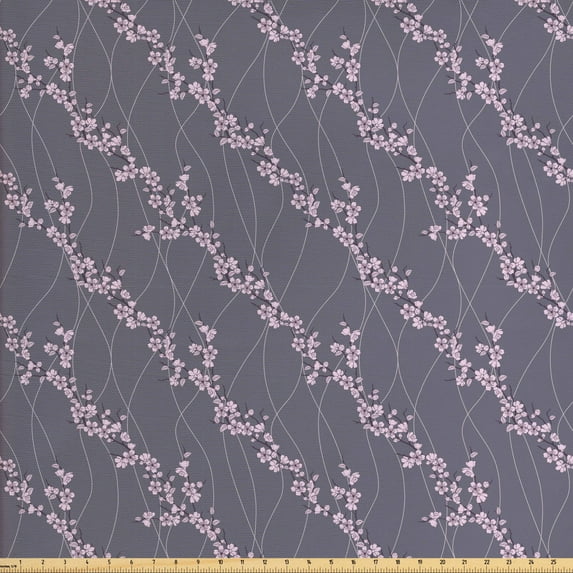 Ambesonne Floral Fabric by the Yard Upholstery, Japanese Sakura, 2 Yards, Taupe Pale Pink