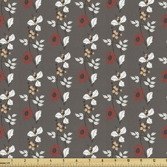 Floral Fabric by the Yard, Spring Nature Garden Art Pattern with Red Blooms Leaves and Little Buds, Decorative Upholstery Fabric for Chairs & Home Accents, White Peach Taupe by Ambesonne