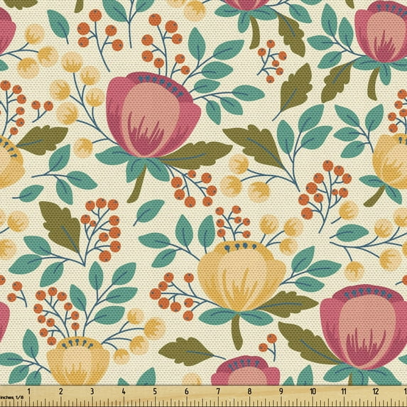 Ambesonne Floral Fabric by the Yard Upholstery, Ornamental Flower Blossoms, 10 Yards, Ivory and Multicolor